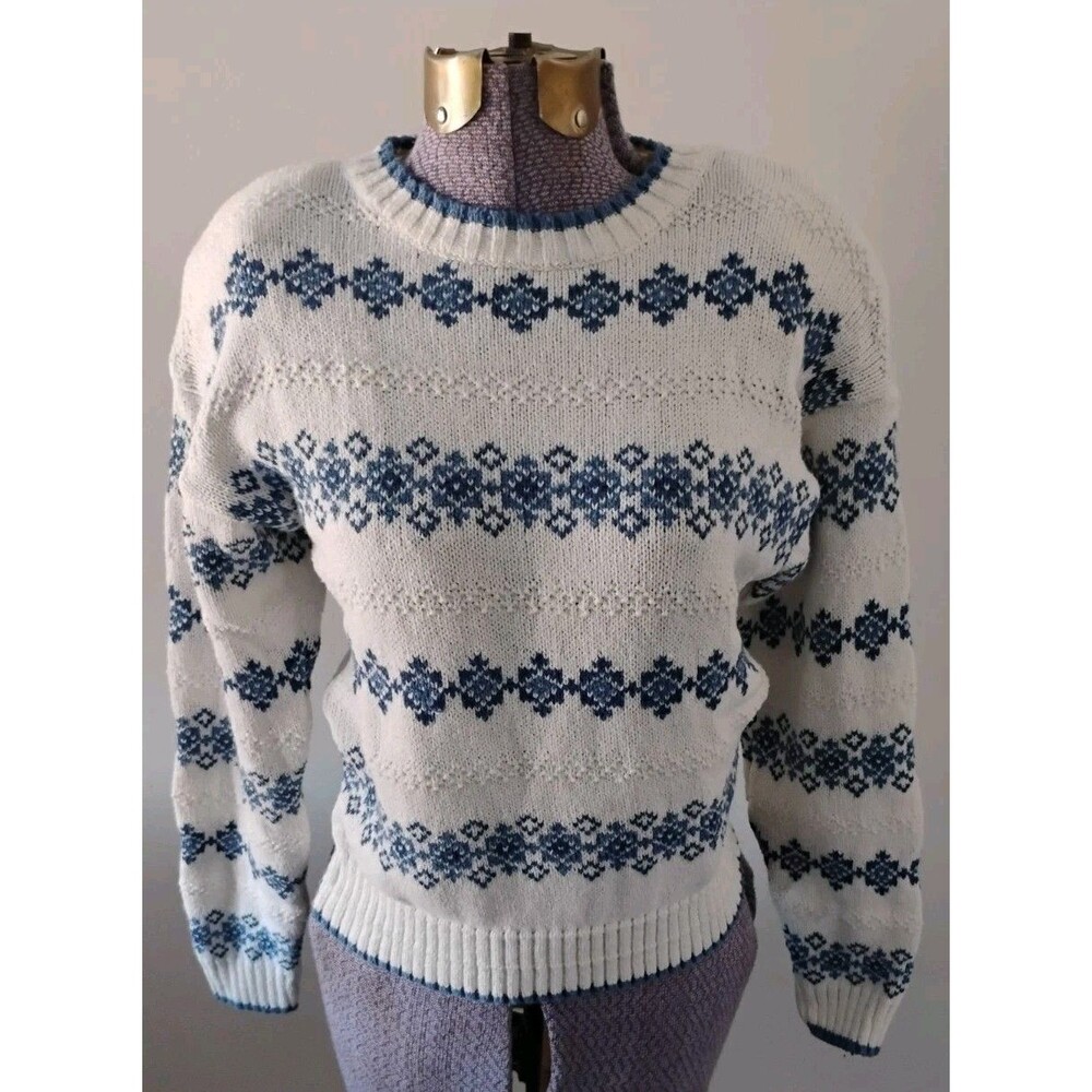 Vtg Lizwear PP Petite Knit Sweater Crewneck Women's White Blue Liz Claiborne